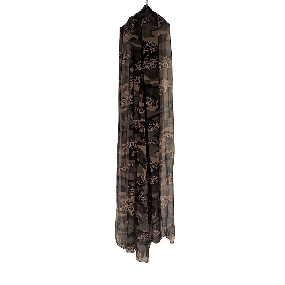 Cejon Silk Scarf OS Green Brown Camo Leopard Print Animal Lightweight Sheer